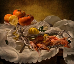 Still life with prawns and fruit 