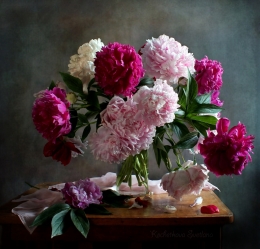 With peonies 