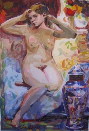 Mulher desnuda com pote chinês 